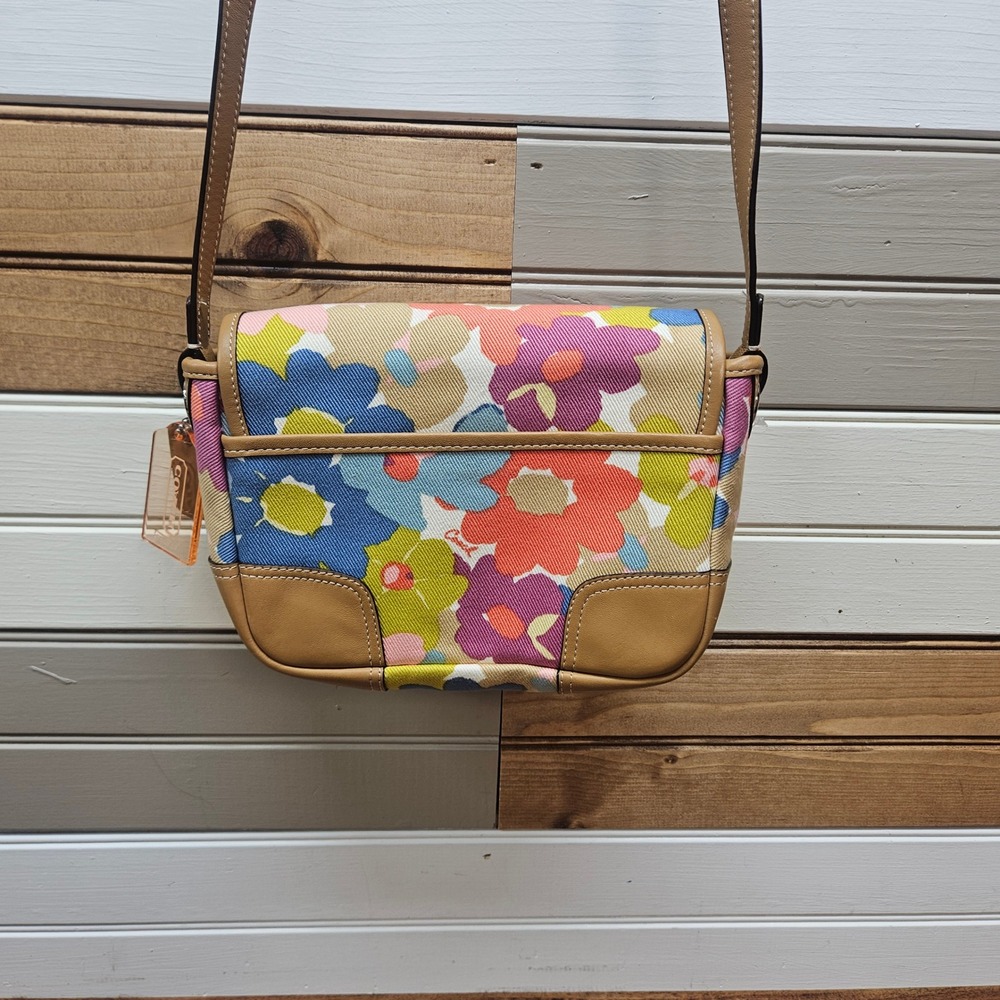 Coach Floral Print Canvas Crossbody Bag Tan Leather Trim Multicolor F30603